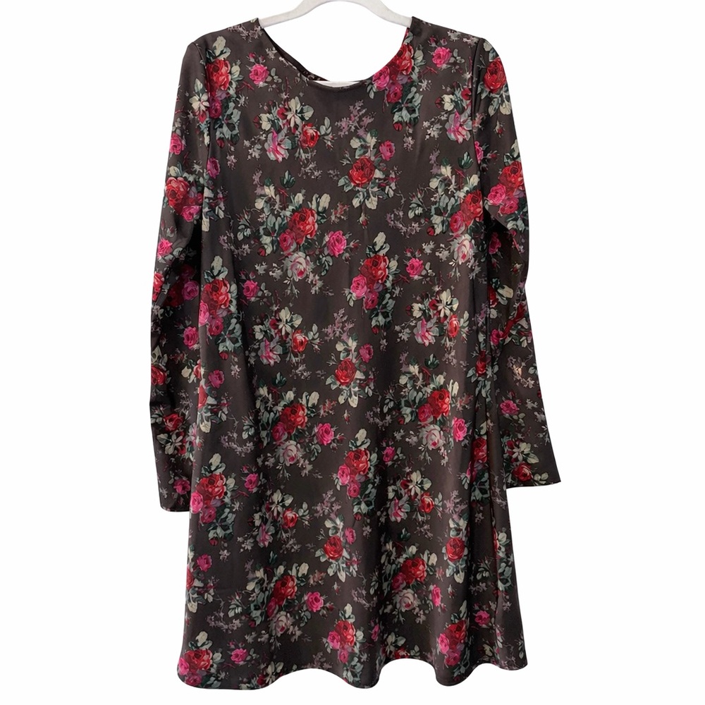 GAP Floral Shift Dress Medium Satin Feel Long Sleeve Keyhole Back Romantic Chic